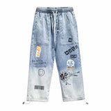 SHOPMOCHO Korean Clothing  Men Letter Printed Jeans High Waisted Baggy Jeans Cartoon Graffiti Hip-Hop Pants Blue Jeans