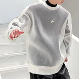 Shopmocho Fashion Korean Clothes Spring Hollow Out Ice Silk Fabric Men's Wear Sheer Out Streetwear Round Neck Long Sleeve T-shirt