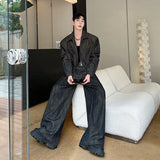 SHOPMOCHO Denim Set men 2025 Distressed Denim Set Short Lapel Jacket Cargo Pockets Straight Wide Leg Long Jeans Innovative Front Pockets