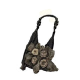 Shopmocho Chinese Style Rose Decor Shoulder Bags Fashion Commuter Tote Bags Classic Pleated Handbags High Quality Women Underarm Bags