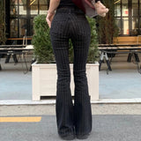 Shopmocho 2000s Clothes Y2k Low Rise Boot Cut Jeans Woman Casual Black Striped Denim Trousers Streetwear Flare Pants P77-DD25