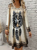 Shopmocho Women’s Long - Sleeve Bohemian Dress, Wolf Print Round neck Dress,Casual Festival & Daily Wear
