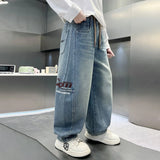 SHOPMOCHO 4-14Yrs Children Boys Jeans UNITIM Spring Autumn Junior Boys Straight Pants Loose Elastic Waist Teens Boys Pants Kids Boy Pants