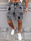 SHOPMOCHO Men's Summer Denim Shorts. Straight-Leg Fit. Ripped Design. Dark Gray Denim Embroidered Shorts