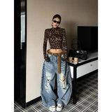 SHOPMOCHO ZHIZOU Women Blue Baggy Y2k Ripped Jeans Hip Hop Grunge Wide Jean Pants Vintage 2000s Harajuku Denim Trousers Clothes Summer