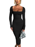 Shopmocho Autumn and Winter Women Sexy Bodycon Dress Square Neck Long Sleeved Ladies Evening Dresses