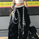 SHOPMOCHO Y2K American Black Retro Hip-Hop Spliced Plaid Belt Hot Girl Loose Casual High Waist Women Wide-Leg Quick-Drying Sweatpants