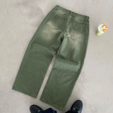 SHOPMOCHO Y2K Retro Matcha Denim Jeans Washed Billiard Embroidered Denim Pants London Fashion New York Style Streetwear Unisex Baggy Jeans