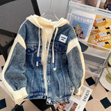 Shopmocho Loose Lazy Style Denim Patchwork Hoodie Women's Outerwear Sweater Jacket Autumn Winter New Korean Version Casual Coat