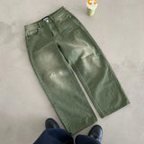 SHOPMOCHO Y2K Retro Matcha Denim Jeans Washed Billiard Embroidered Denim Pants London Fashion New York Style Streetwear Unisex Baggy Jeans