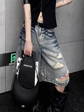 SHOPMOCHO Y2K Hole Jeans Shorts Women American Loose Streetwear Hot Girls Wide Leg Shorts Summer High Waist Retro Wash Denim Shorts