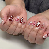 Shopmocho 24PCS Wine Red Almond Press on Nails Cartoon Rabbit Bowknot with Plaid Pearl Designs French Fake Nails for Girls Detachable Nail