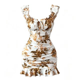 SHOPMOCHO Boho Style Women's Multicolor Mini Cami Dress With Shirred Details And Plants Pattern Sleeveless Flounce Hem