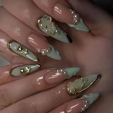 Shopmocho 24Pcs Blue Almond Press on Nails with 3D Pearl Design Mid-length Oval False Nails Tips Bow Pattern Wearable Fake Nail for Women