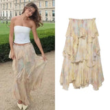 Shopmocho New Woman Skirts Features Printed Fabric With Elastic Waistband Mid-Rise Tierred Hem Long Skirts Prairie Chic Casual For Party