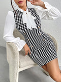 Shopmocho Sexy Temperament New Color Contrast Print Casual Summer Bow Tie Slim Long-sleeved Dress
