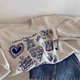 Shopmocho Korean Fashion Women's Gray Embroidered Round Neck Short Sweatshirts Autumn Long Sleeves Vacation Pullovers Tops Casual Popular