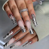 Shopmocho 24pcs Rhinestones Full Cover Nail Art Datachable Glitter French Press on Nails Tip Flower Long Square Fake Nail Pink False Nails