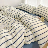 SHOPMOCHO Simple Red and Blue Striped Duvet Cover and Four Piece Bed Sheet Set with Washed Cotton Bedding on the Bed