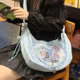 SHOPMOCHO Pink Cute Womens Shoulder Bag Pleated Love Heart Lolita Jk Ita Bag Drawstring Ballet Style Sweet Fashion Female Handbag