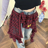 Shopmocho Adjustable Star Layer Outfits Plaid Skirt Hip-hop Sweet Lace Up Hip Scarf Korean Style Y2K Ruffled Edge Waistband Jeans Decor