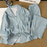 SHOPMOCHO Korean-Style Simple Striped Pajamas for Women, New Spring and Summer Loose Lazy Long-Sleeve and Long Pants Homewear Set
