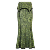 SHOPMOCHO Vintage Fashion Elegant Green Trumpet Long Skirt Graphic Printed Lace Trim Y2K High Waist Skirt Women 2000s Aesthetic
