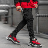 SHOPMOCHO Men Street Elastic Denim Jeans Wash Solid Color Multi Pockets Cargo Pants Casual Slim Fit Daily Wear Joggers Mid Waist Trousers