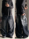 SHOPMOCHO American Fashion Printing Jeans Hip Hop Baggy Cross-legged Jeans Grey Wash Straight Mop Pants Men and Women