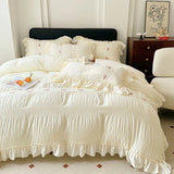 Shopmocho Korean Princess Style Lace Ruffles Wedding Bedding Set Seersucker Washed Cotton Soft Duvet Cover Set Bed Sheet Pillowcase 3/4Pcs