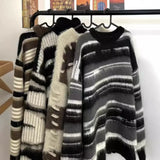 Shopmocho Soft Faux Mink Stripe Color Block Sweater Women's Autumn Winter Loose Design Lazy Style Knitted Top Thick Winter Suitable