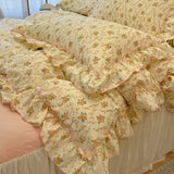 SHOPMOCHO 2/3Pc Korean Princess Style Floral Ruffles Bedding Set Single Queen Size Soft Skin-friendly Washed Cotton Duvet Cover Pillowcase