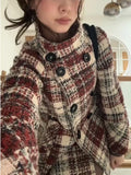 Shopmocho Warm Checkered Turtleneck Shoulder Straight Coat Women Double Breasted Full Sleeve Middle Long Coat Lady Autumn Winter Chic Coat