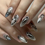 SHOPMOCHO 24Pcs Short Almond Fake Nails Butterfly Wings Nail Art with Glue Glitter Flower False Nails Acrylic Autumn Winter Press on Nail