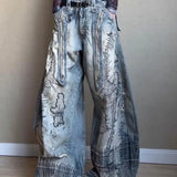 SHOPMOCHO Large Size American Street Retro Washed Distressed Curved Knife Jeans Wide Leg Denim Loose Sickle Pants Y2k Baggy Jeans Woman