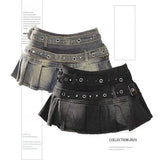 SHOPMOCHO Women's Blue Black Riveted Belt Denim Skirt Y2K Harajuku High Street Fashion 90s Sexy A-line Mini Skirt Summer Clothing 2025 New