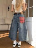 SHOPMOCHO American retro plaid pocket wide-leg short jeans for women loose and casual straight high waist slimming men and women pants