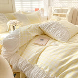Shopmocho Korean Style Princess Bedding Set Luxury Pink Lattice Duvet Cover Ruffles Lace Bedspread Bed Sheet Pillowcases