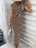 Shopmocho Elegant Waist Tie Striped Round Neck Short Sleeves Long Dress Summer Women's High-End Feel Women's Clothing Skirt