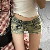 SHOPMOCHO New Woman Designer Low Waist Punk Jeans Girls Aesthetic Elastic High Street Mini Pants Female Sexy Nightclub Summer Denim Shorts