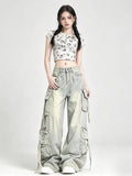 SHOPMOCHO Women's Blue Multi Pocket Cowboy Pants Cargo Y2K Japanese Harajuku Streetwear Aesthetics Retro 90S Jeans Pants Clothing 2025 New
