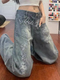 SHOPMOCHO Ladies Loose Fit Straight Leg Jeans Blue Washed Floral Letter Embroidery Unique Street Style American Casual Trousers