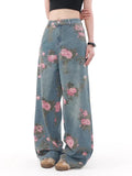 SHOPMOCHO 2025 Ropa Y2K Fashion Peach Blossom Printed Baggy Jeans Pants For Women Clothing Wide Leg Casual Lady Trousers Pantalon Femme
