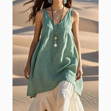 Shopmocho V-Neck Sleeveless Cotton Linen Beach Dress Women's Loose Waist Midi Dress Comfortable Breathable Summer Fashion Dress