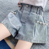 SHOPMOCHO Summer Girls Denim Shorts Korean Fashion New Children's Pleated Jeans 4-12Years Teens Girls Short Jeans Pearl Decoration