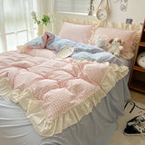 SHOPMOCHO Ruffled Pink Blue Duvet Cover Set Twin Queen Washed Microfiber Ultra Soft Bedding set Grid Duvet Cover Bed Sheet 2 Pillowcases