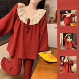 SHOPMOCHO Women's Sweet Print Pajamas Set Long Sleeve Top And Trousers 2 Piece Sleepwear Autumn Casual Loose Lace Loungewear