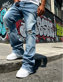 SHOPMOCHO Men's Light Blue Denim Pants, Distressed Flared Jeans with Knee Rips & Frayed Hem for Streetwear