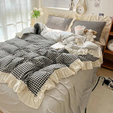 SHOPMOCHO Ruffled Pink Blue Duvet Cover Set Twin Queen Washed Microfiber Ultra Soft Bedding set Grid Duvet Cover Bed Sheet 2 Pillowcases