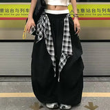 SHOPMOCHO Y2K American Black Retro Hip-Hop Spliced Plaid Belt Hot Girl Loose Casual High Waist Women Wide-Leg Quick-Drying Sweatpants